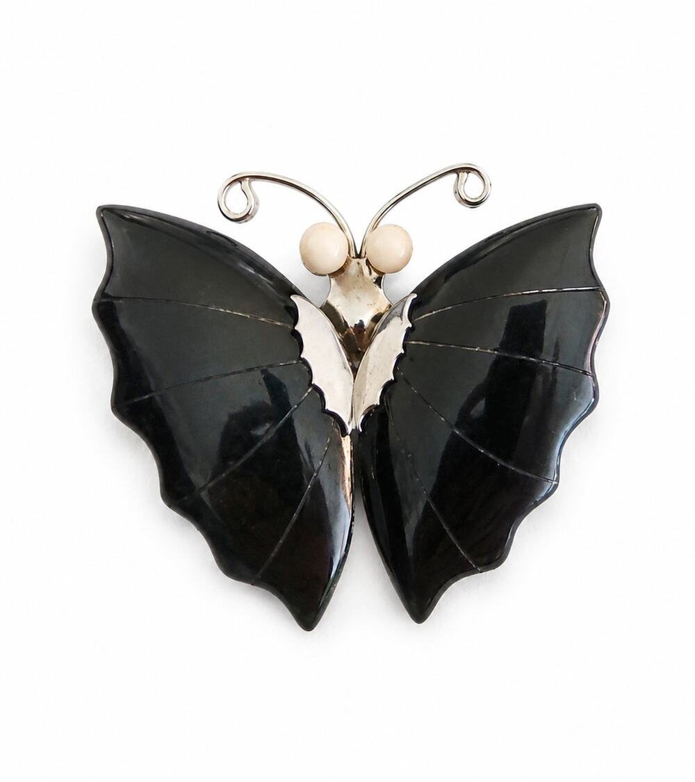 Vtg David Andersen Norway 925S Carved Black Jade Butterfly Duo Brooch/necklace